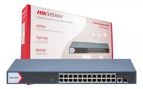 SWITCH POE HIKVISION DS-3E1526P-EI/M | 24 PUERTOS GIGABIT POE | 1 PUERTO GIG RJ45 | 1 PUERTO FIBRA GIG | 56 GBPS SWITCHING | TABLA MAC 8K | IEEE 802.3AF/AT | PRESUPUESTO POE 230 W | PROTECCION SOBRETENSION 6 KV | POE WATCHDOG | MODO EXTEND 300 M | SMART MANAGED