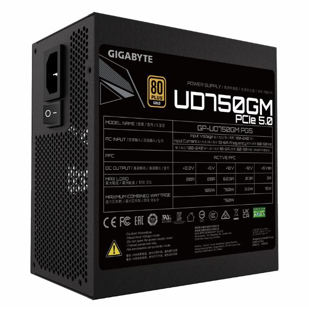 FUENTE GIGABYTE 750W GP UD750GM PG5 | 80PLUS GOLD 28200-U75GP-1ARR| FULL MODULAR | RAÍL ÚNICO +12V (61A) | VENTILADOR 120MM HYDRAULIC BEARING SMART | COMPATIBLE PCIe 5.0 / ATX 3.0	 · Imagen 2
