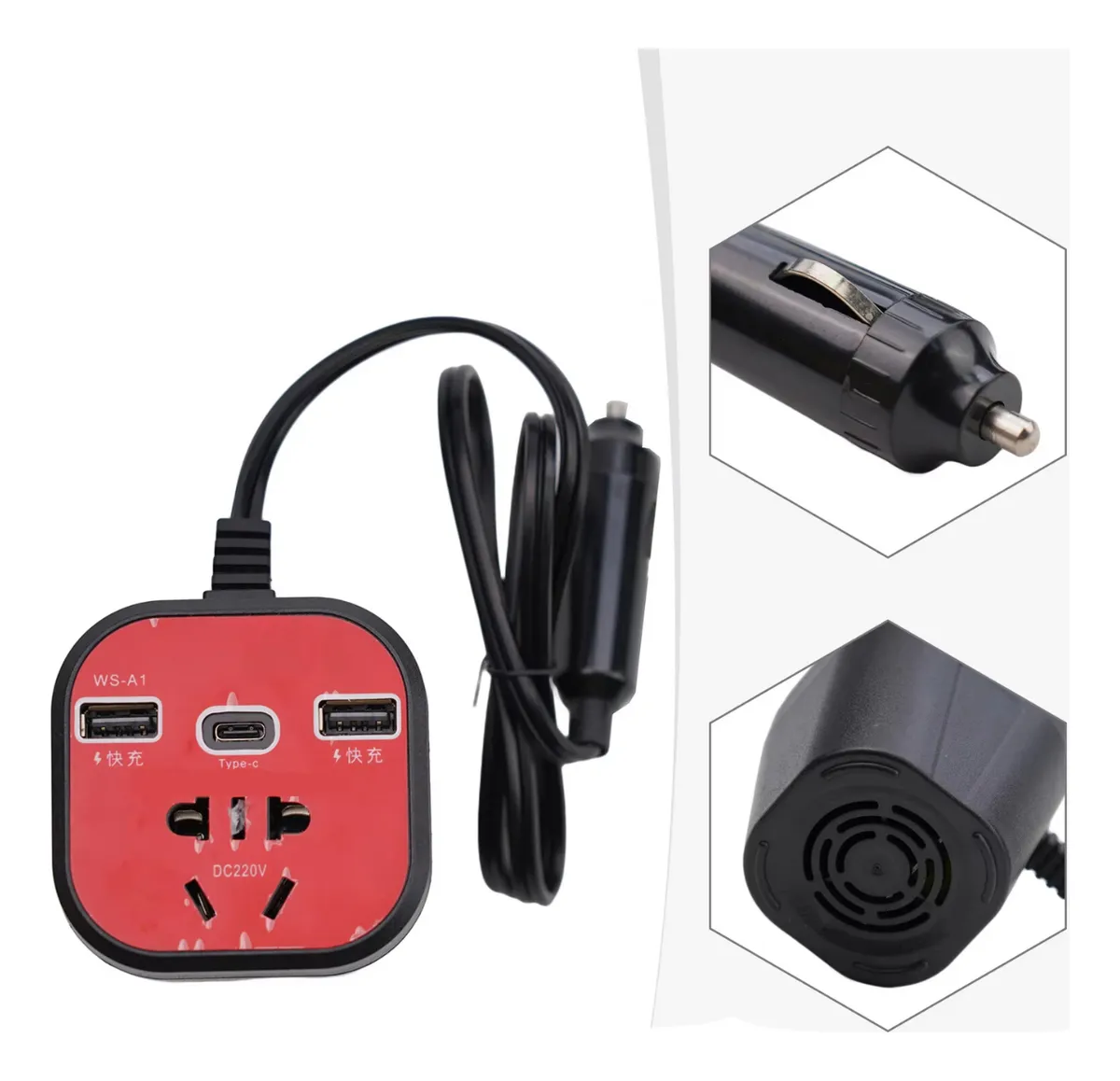 INVERSOR DE TENSION 220V PARA AUTO 70W con USB y USB-C