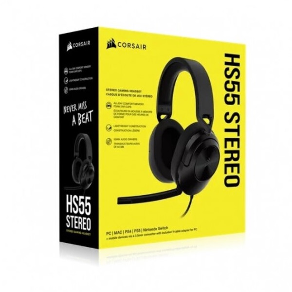 AURICULAR CORSAIR GAMER HS55 STEREO CON MICROFONO PC | MAC | PS4 | PS5 | NINTENDO SWITCH CABLE MINIPLUG 3.5MM+ADAPTADOR MACHO A 2 HEMBRA