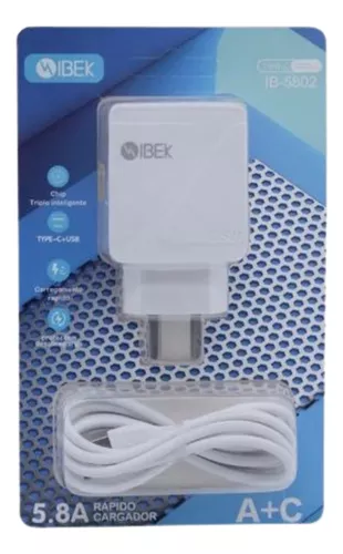 CARGADOR USB TIPO C + USB 5V 5.8A IB-5802 A+C	