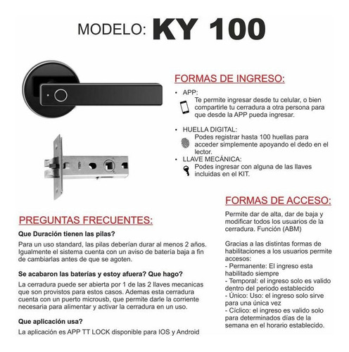 CERRADURA SMART KY-100 PRONEXT | HUELLA | LLAVE · Imagen 3