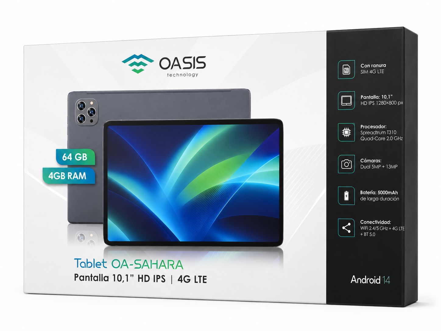 TABLET OASIS-SAHARA 10.1 IPS 4GB | 128GB | ANDROID 14 | 4G LTE BATERIA 500MAH