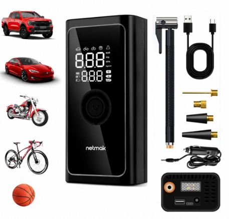 COMPRESOR DE AIRE PORTATIL NETMAK NM-101 55W | 3 en 1 con inflado rápido, linterna integrada y función powerbank