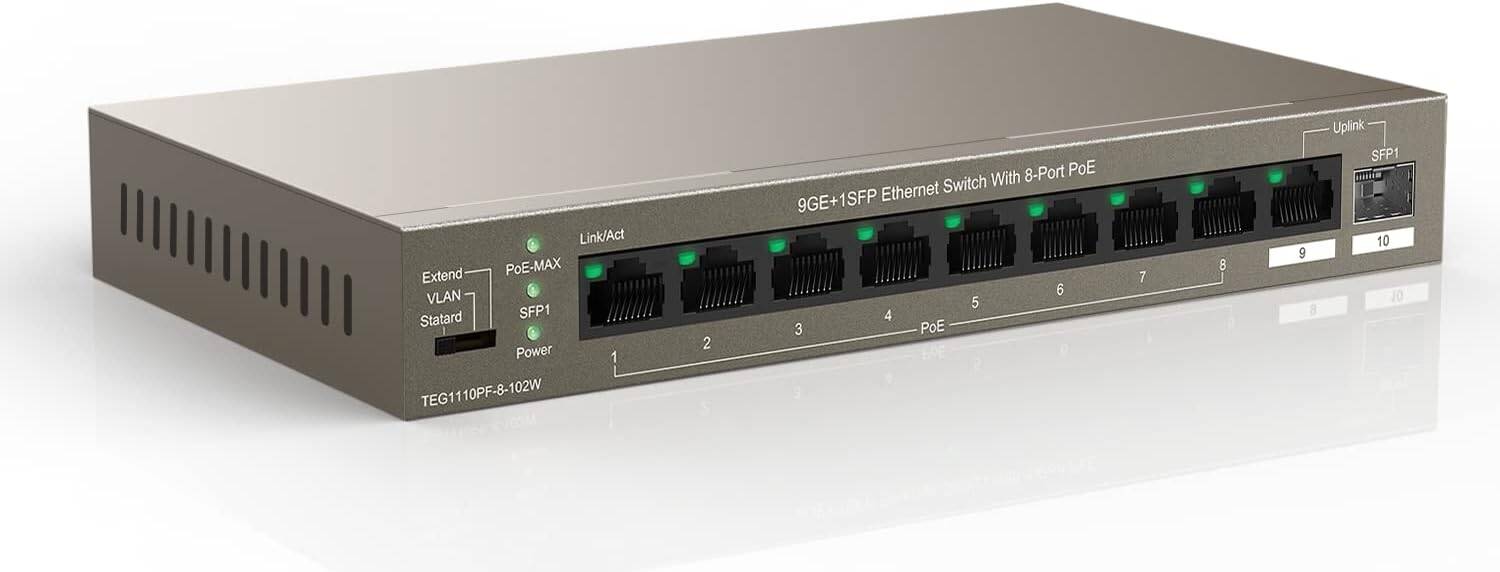 SWITCH TENDA TEG1110PF-8-102W | 10 PUERTOS | 8 POE GIGABIT | 1 PUERTO UPLINK GIGABIT | 1 PUERTO SFP | PRESUPUESTO POE 92W | MODO EXTEND 250M | MODO VLAN 