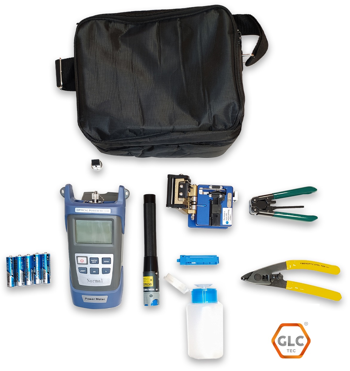 KIT FTTH FIBRA GLC-KIT-FTTH-002 MINI LOCALIZADOR DE FALLA | MEDIDOR DE POTENCIA | CORTADOR DE FIBRA | CORTADORA LONGITUDINAL DE BUFFER | PELADORA DE DROP | CONTENEDOR PARA ALCOHOL ISOPROPÍLICO | BOLSO